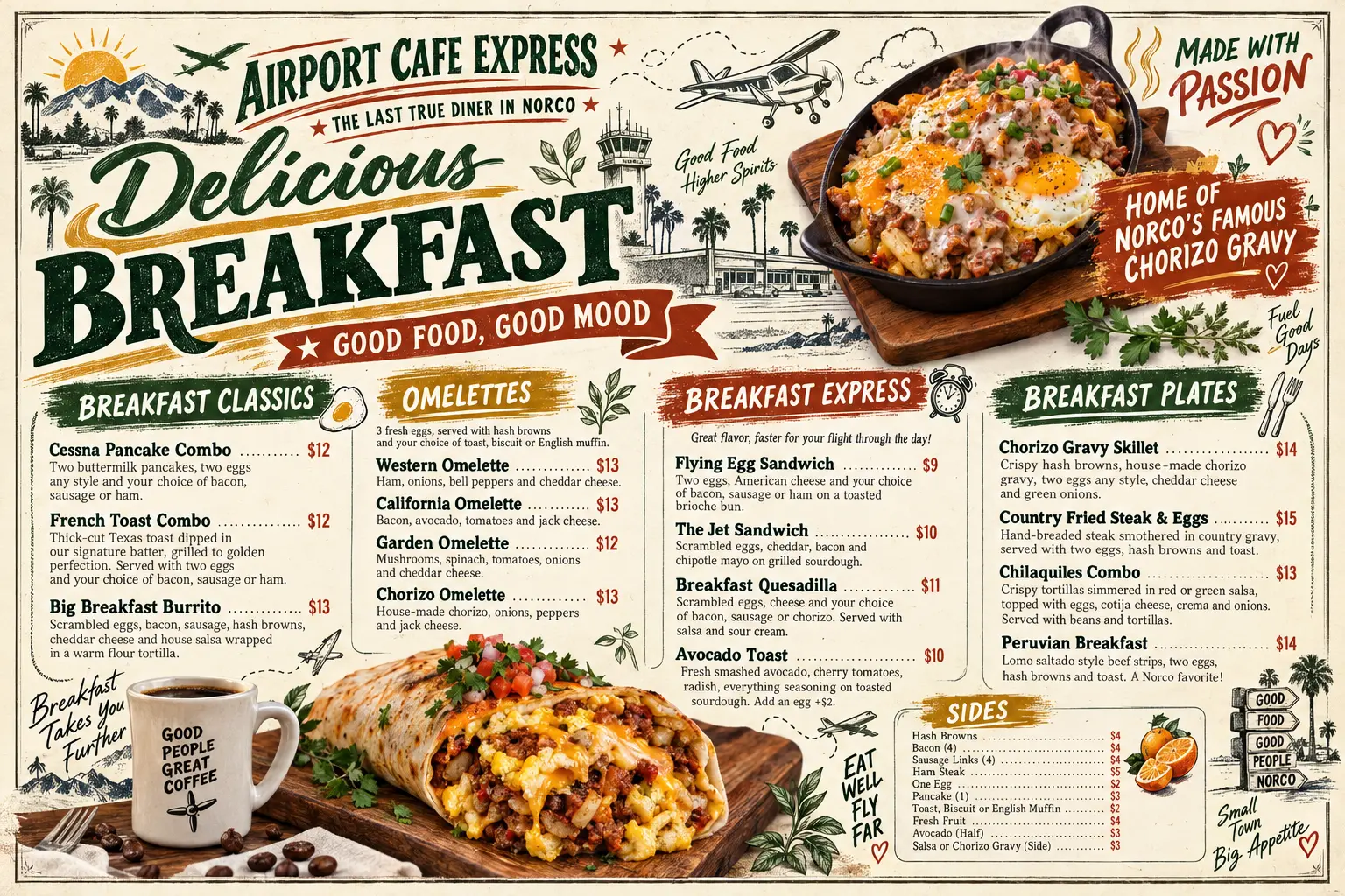 Airport Cafe Express breakfast menu board: breakfast classics, omelettes, breakfast express, breakfast plates and sides with prices