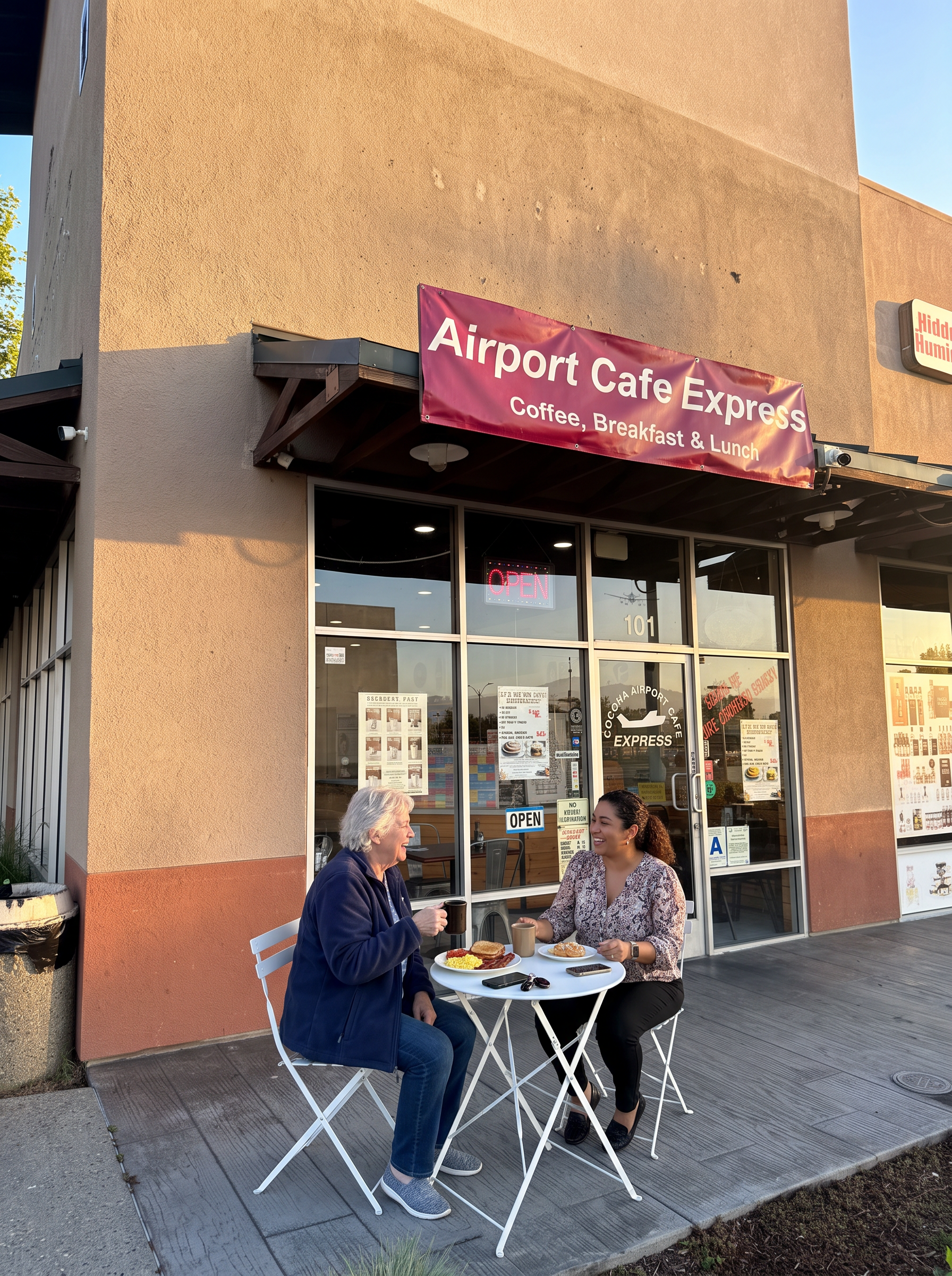 Two guests having coffee and breakfast at the patio table outside the cafe