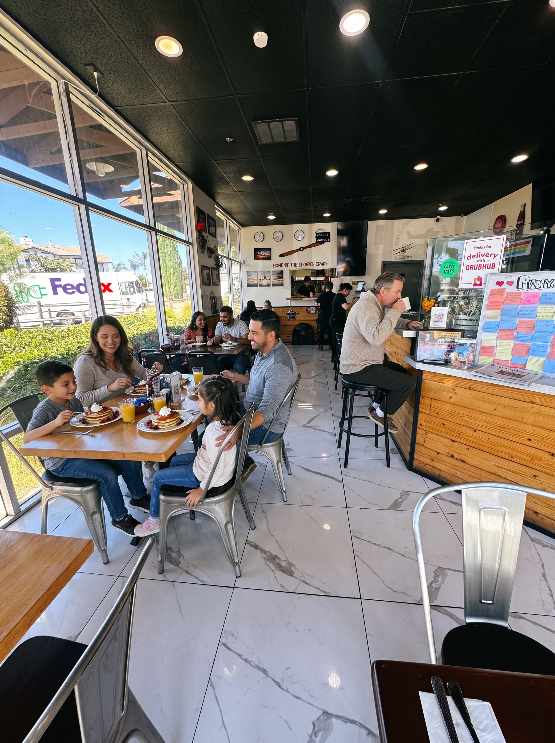 Families and friends eating pancakes at the window tables in the cafe