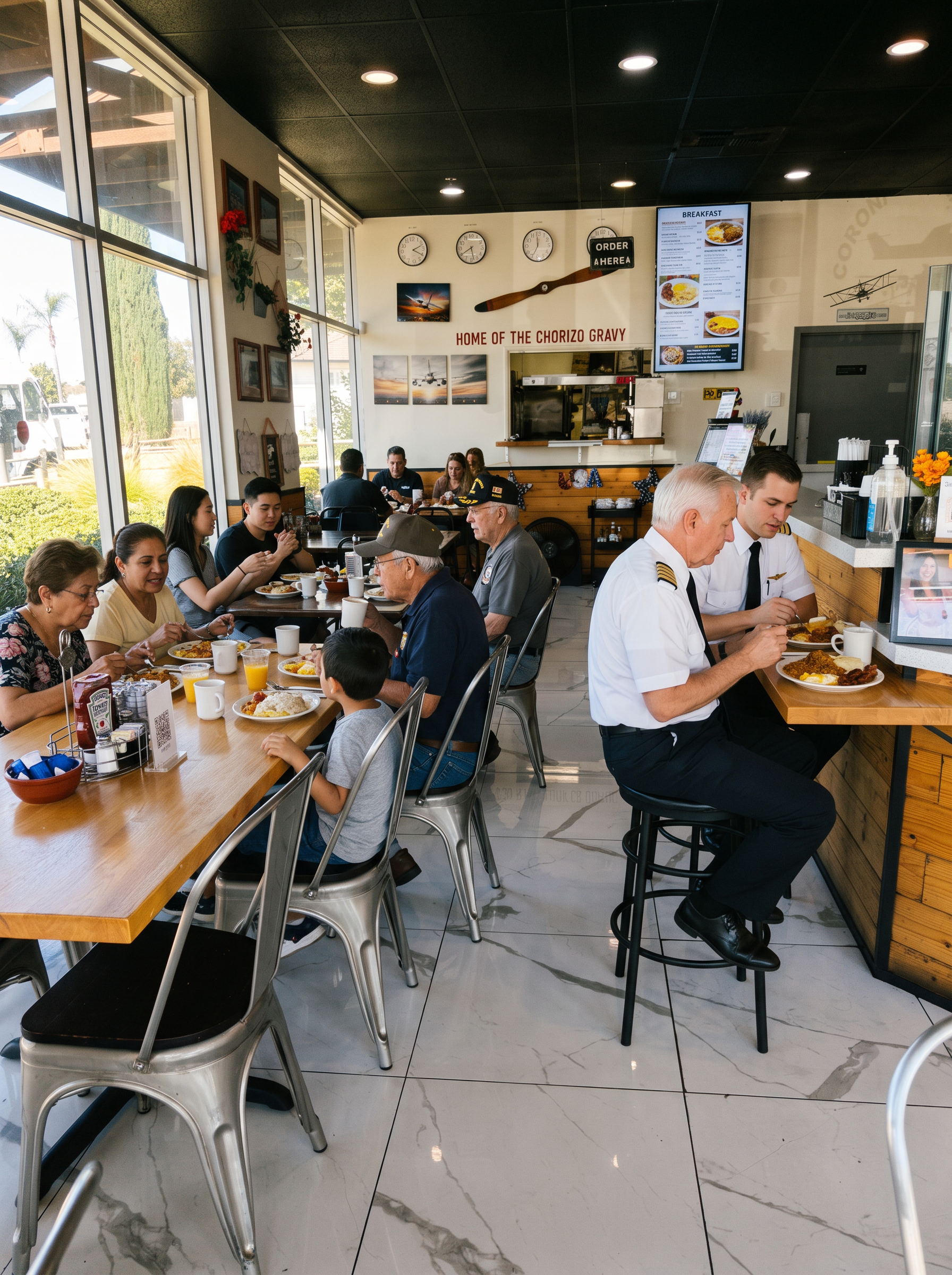 A full dining room of guests eating breakfast under the Home of the Chorizo Gravy wall