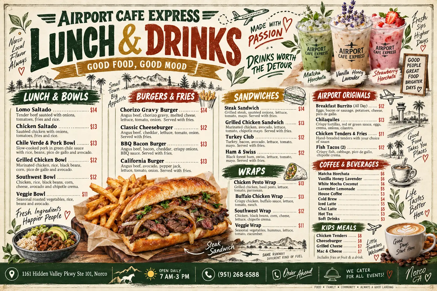 Airport Cafe Express lunch and drinks menu board: lunch and bowls, burgers, sandwiches, wraps, airport originals, coffee and kids meals with prices