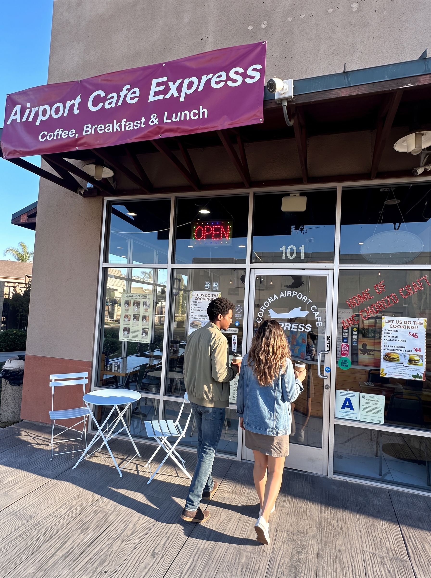 Two guests walking into Corona Airport Cafe Express under the maroon storefront banner