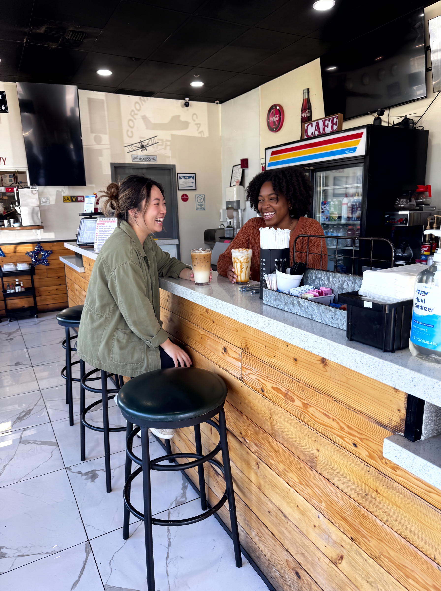 Two friends with iced specialty lattes at the wooden coffee bar