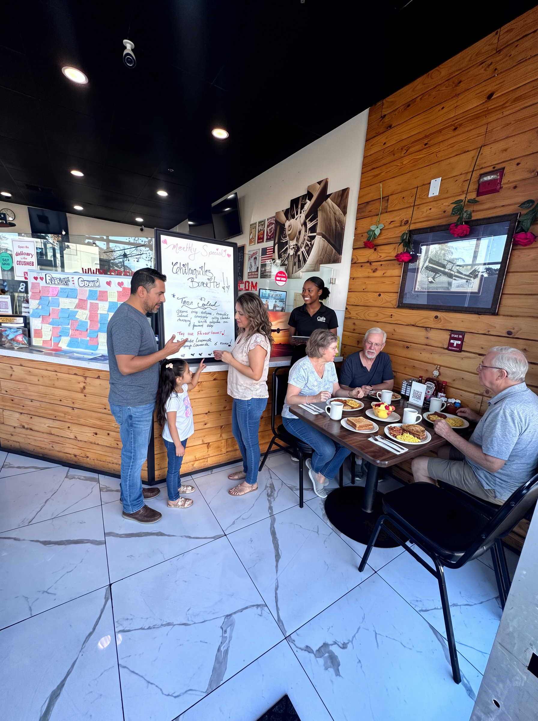 A family ordering at the cafe counter while a staff member greets them